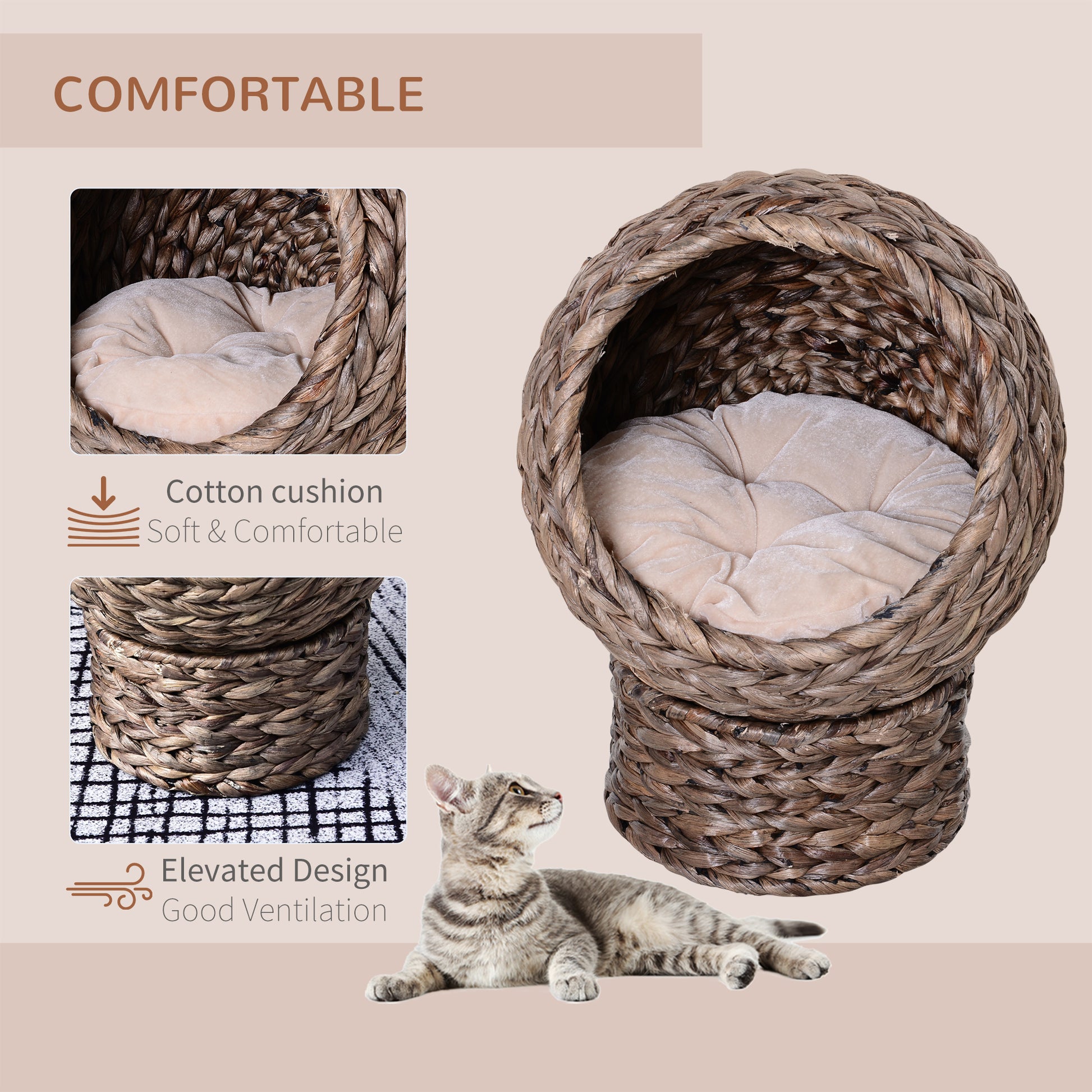 Gray Wicker Elevated Cat Bed with Soft Cushion for Indoor Cats