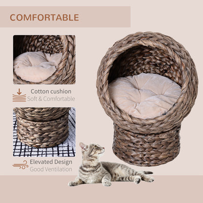 Gray Wicker Elevated Cat Bed with Soft Cushion for Indoor Cats