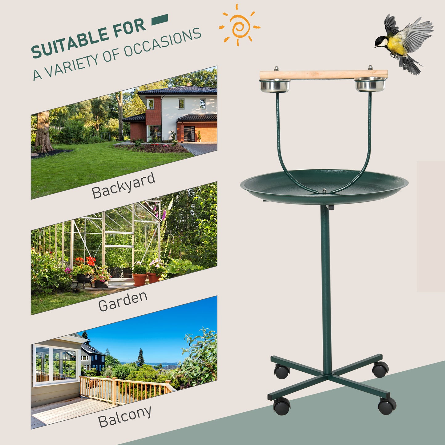 Green Steel Bird Stand - Rolling T-Stand Perch