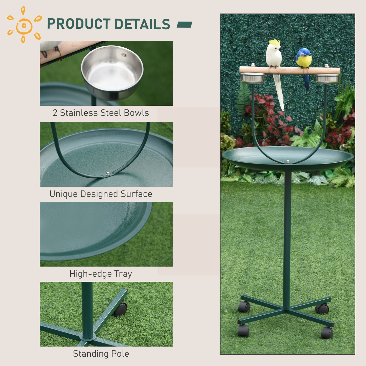 Green Steel Bird Stand - Rolling T-Stand Perch