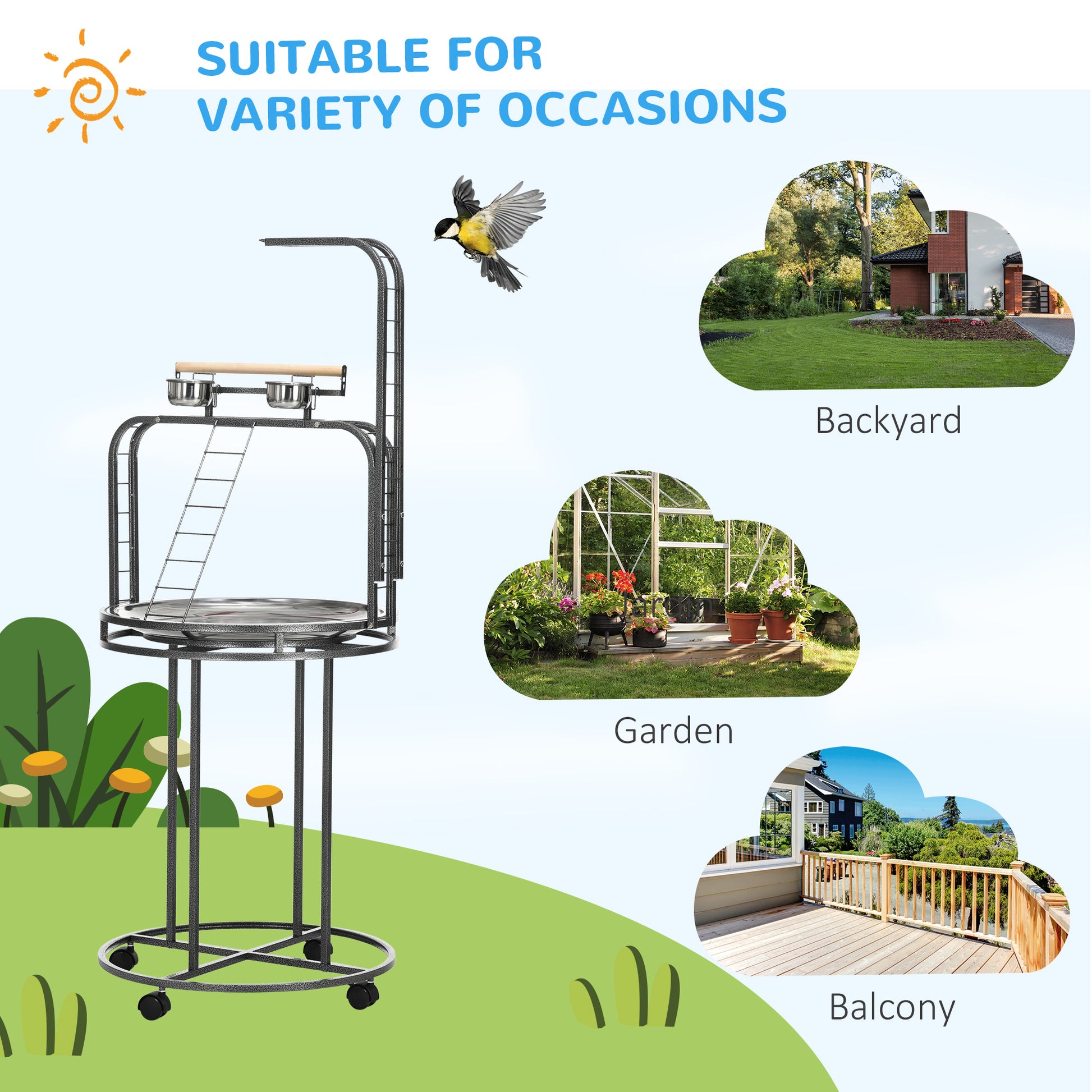 Large Gray Steel Bird Stand with 3 Ladders for Parrots & Conures