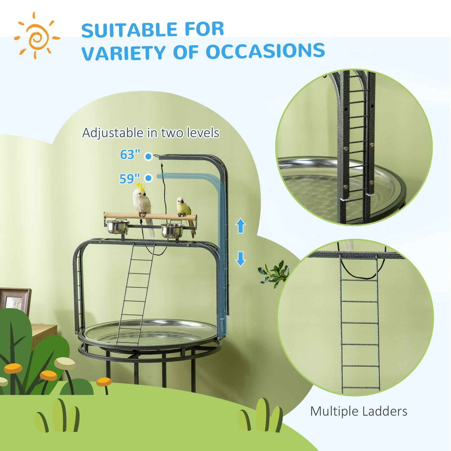 Large Gray Steel Bird Stand with 3 Ladders for Parrots & Conures
