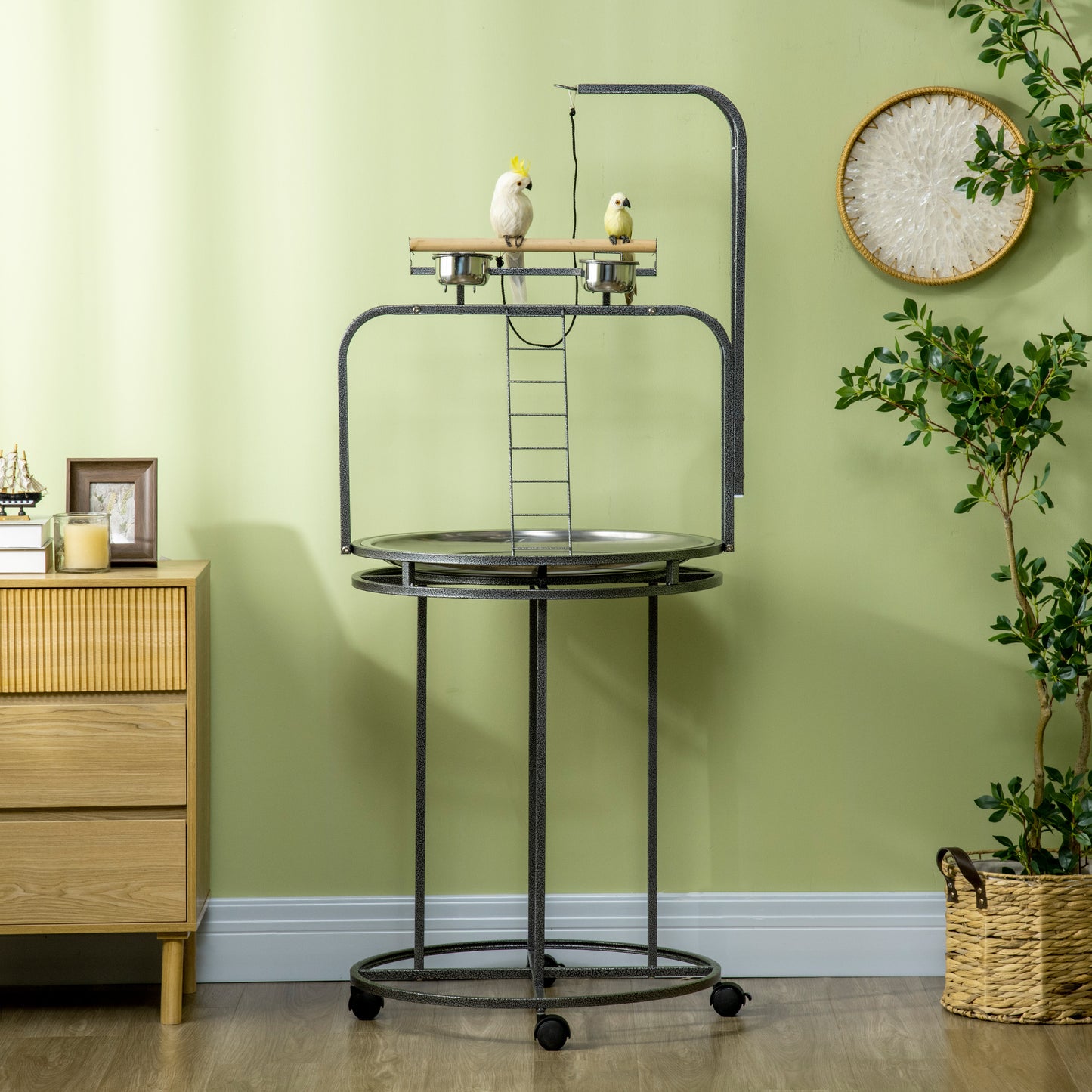 Large Gray Steel Bird Stand with 3 Ladders for Parrots & Conures