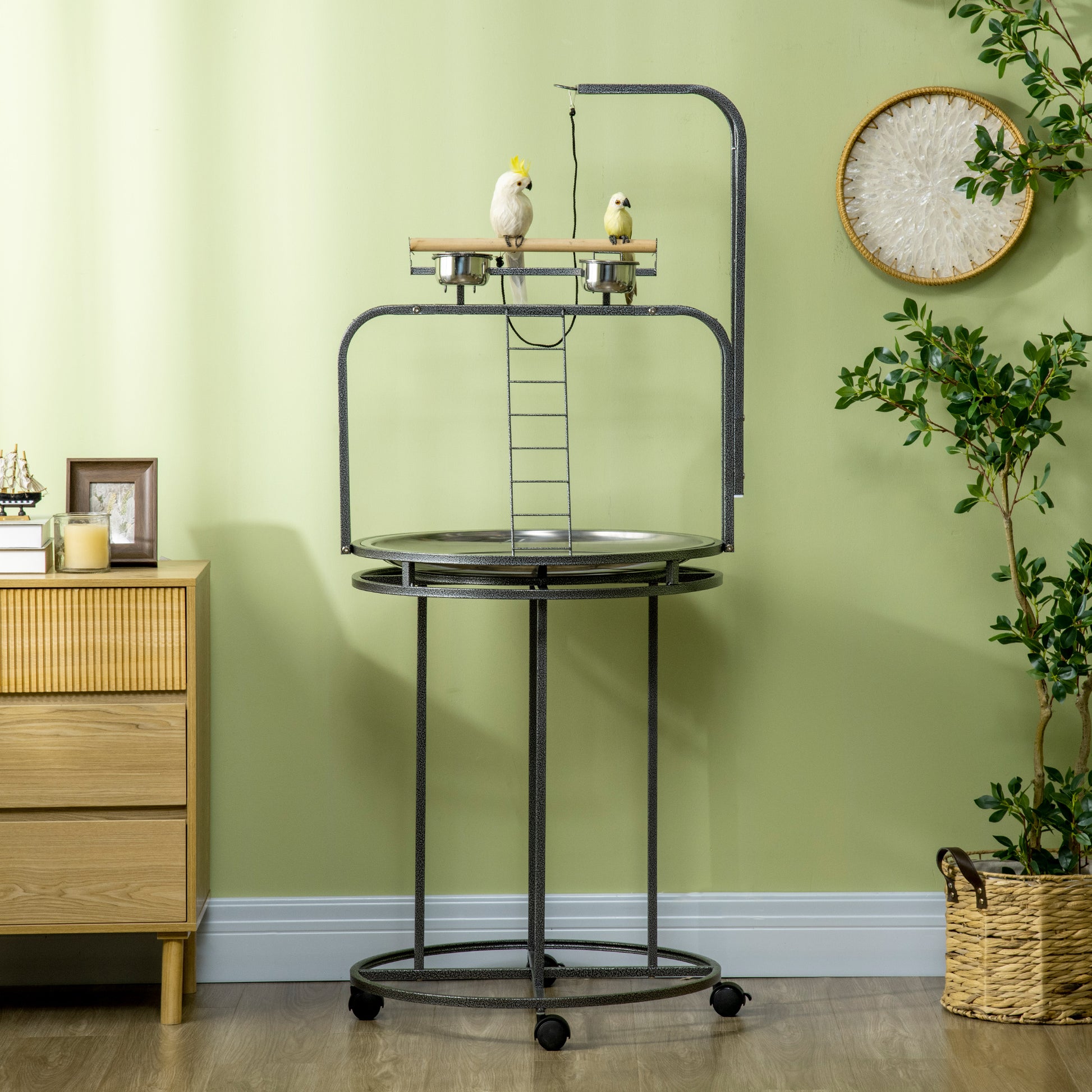 Large Gray Steel Bird Stand with 3 Ladders for Parrots & Conures