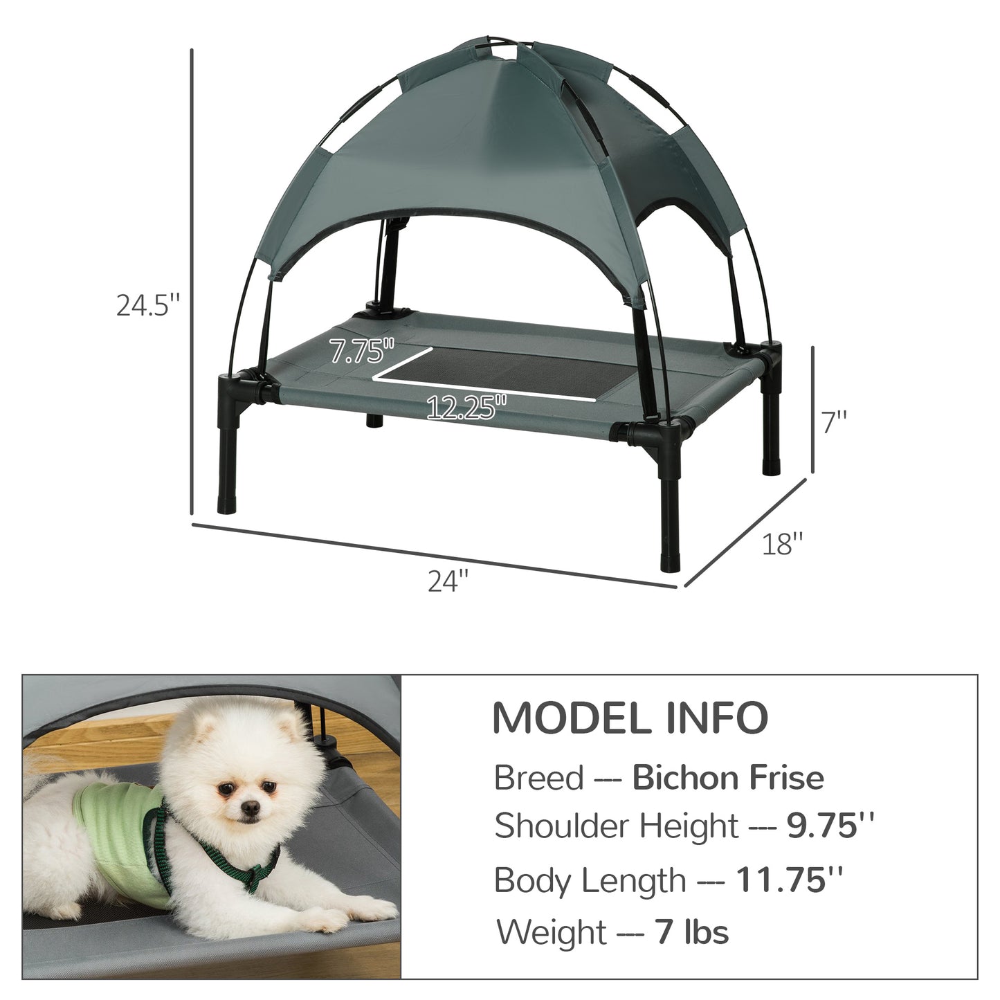 Elevated Dog Cot - Gray Mesh Pet Bed with Canopy Shade