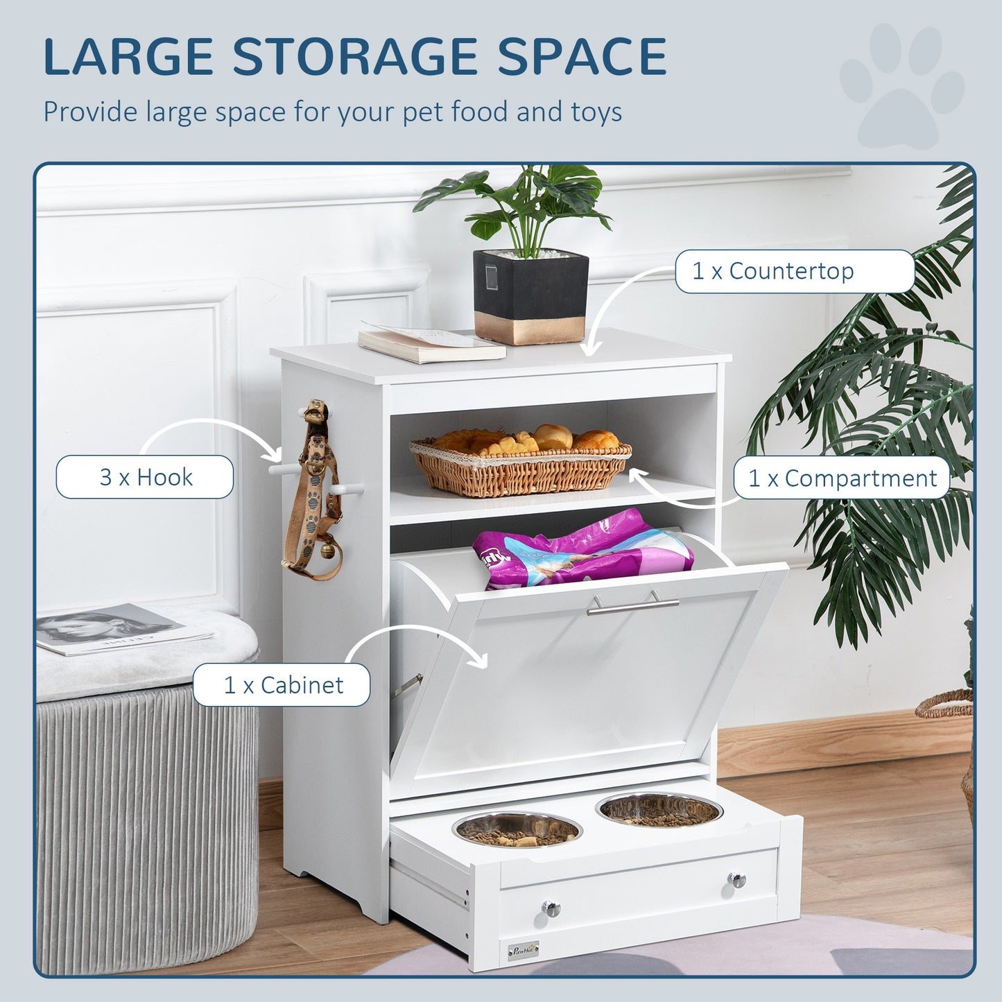 White MDF Pet Feeder Station Cabinet - Storage & Feeding