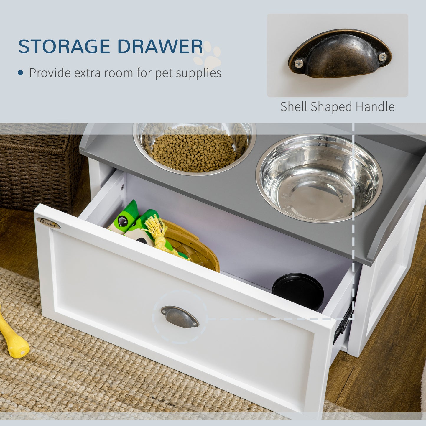 White Dog Feeding Station with Storage Drawer - Large Dogs