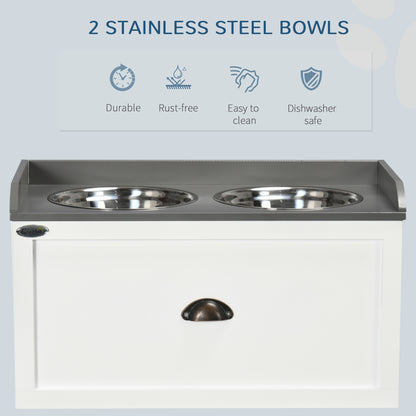 White Dog Feeding Station with Storage Drawer - Large Dogs