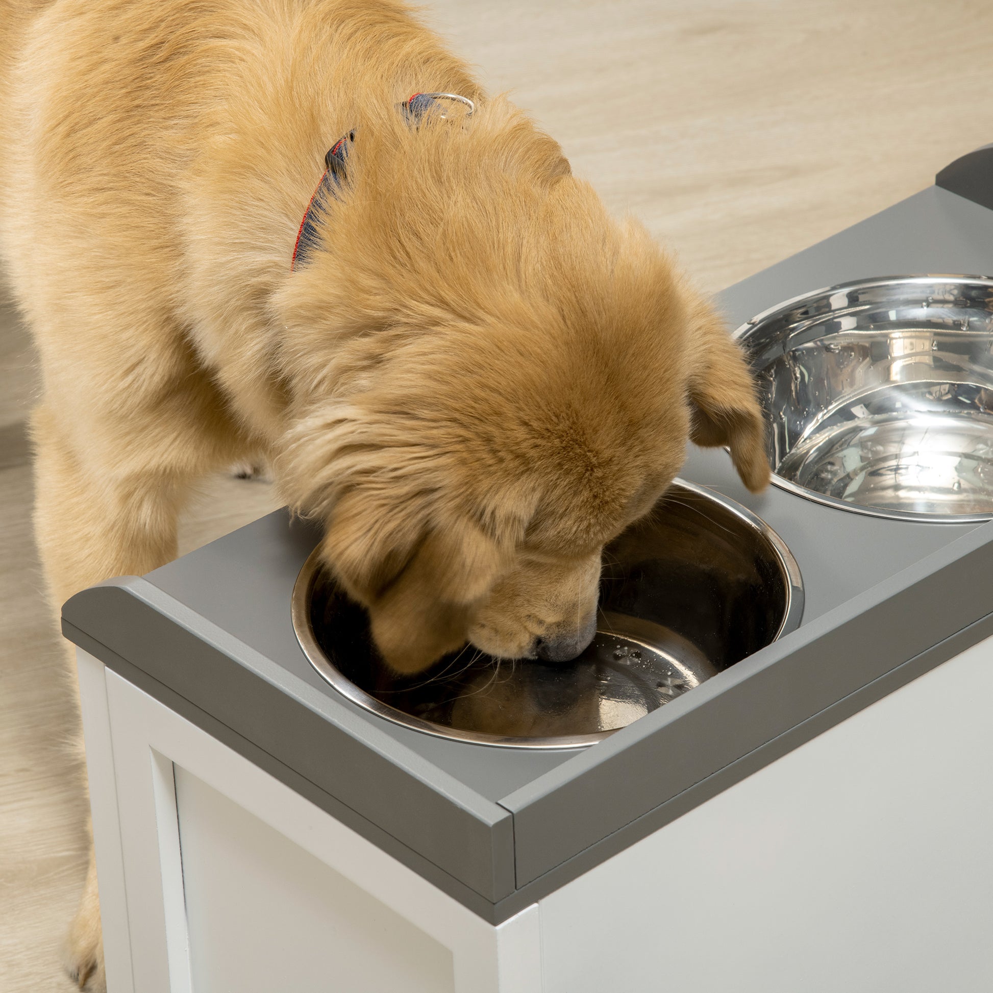 White Dog Feeding Station with Storage Drawer - Large Dogs