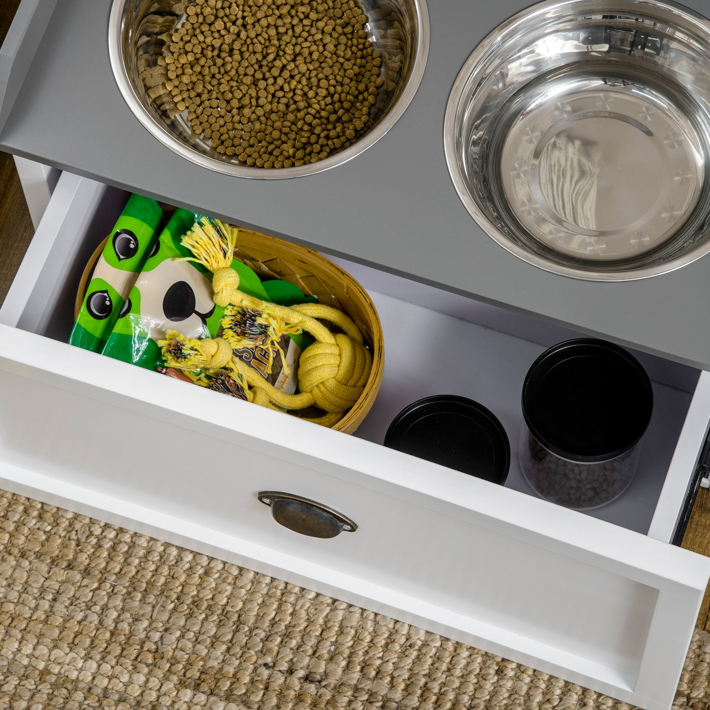 White Dog Feeding Station with Storage Drawer - Large Dogs