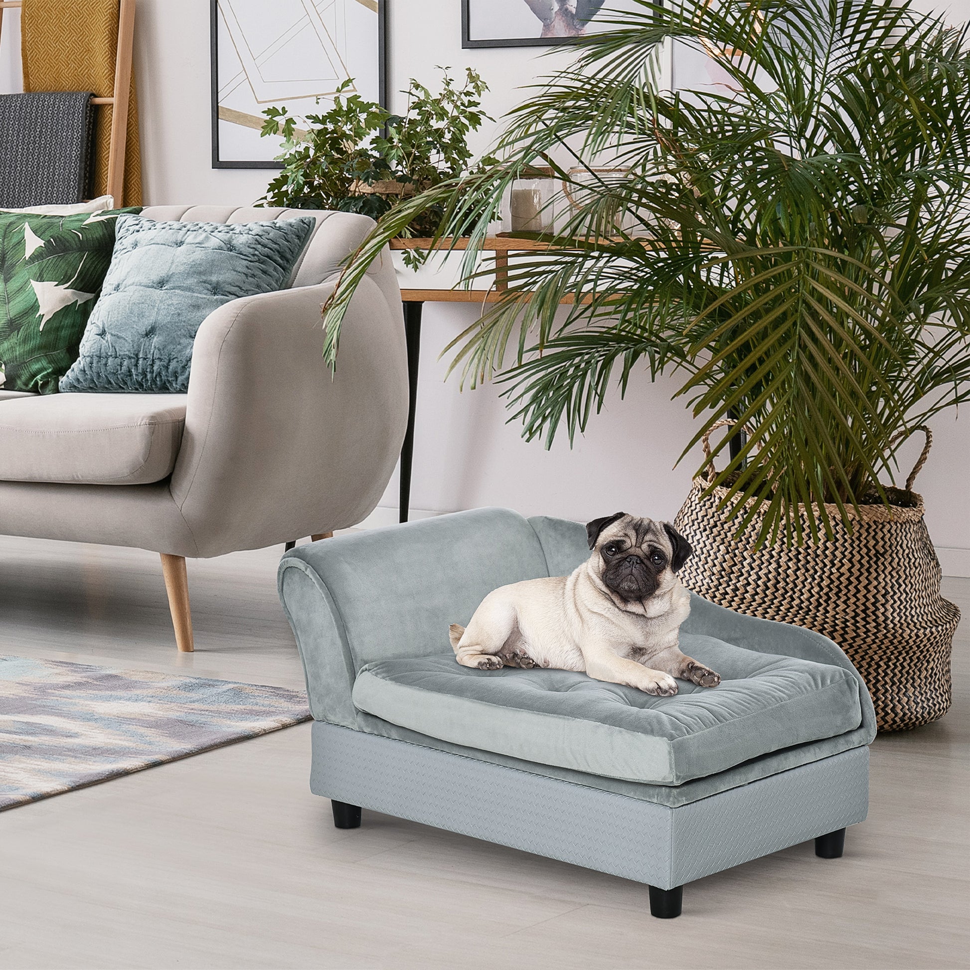 Small Gray Dog Bed with Storage - Modern Pet Sofa