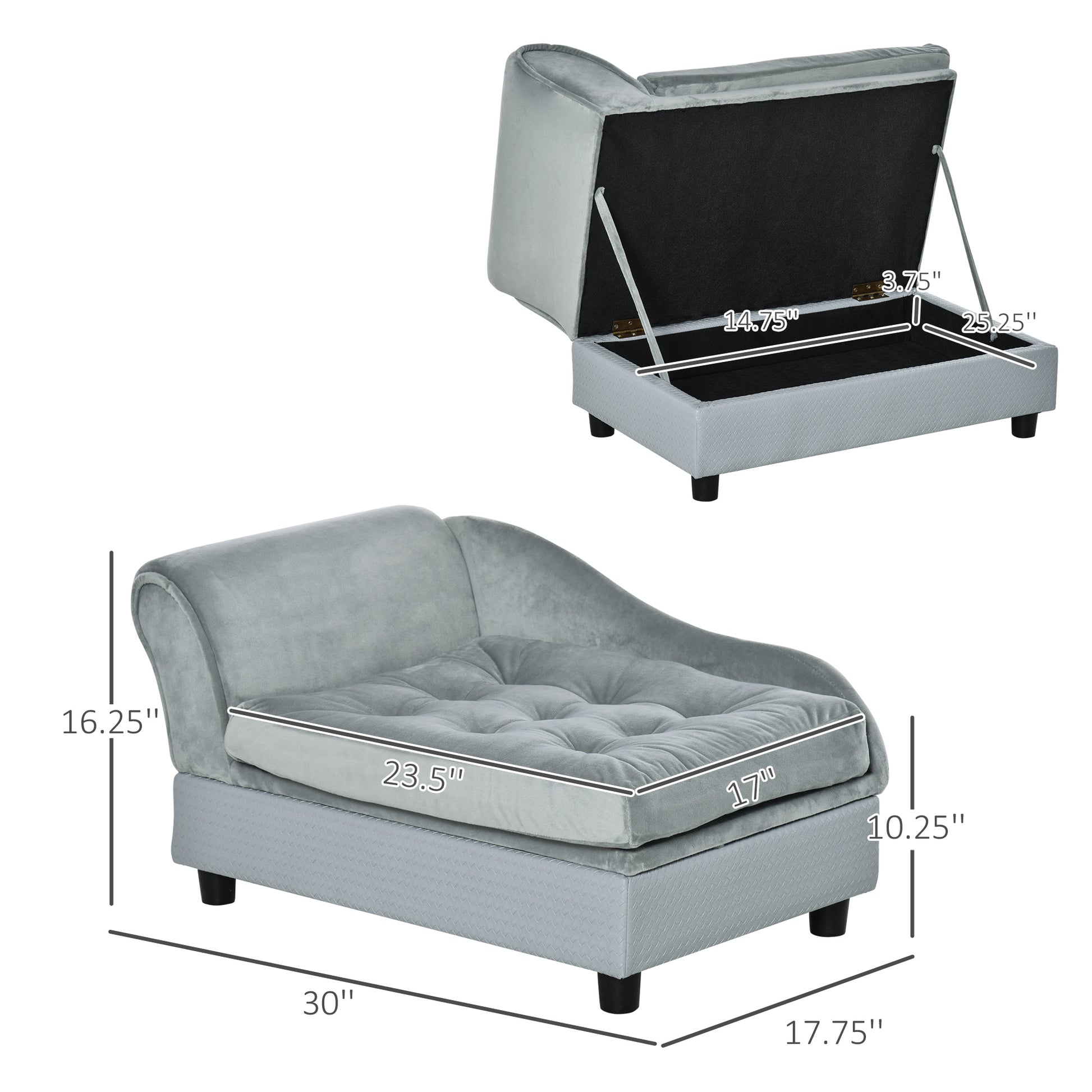 Small Gray Dog Bed with Storage - Modern Pet Sofa