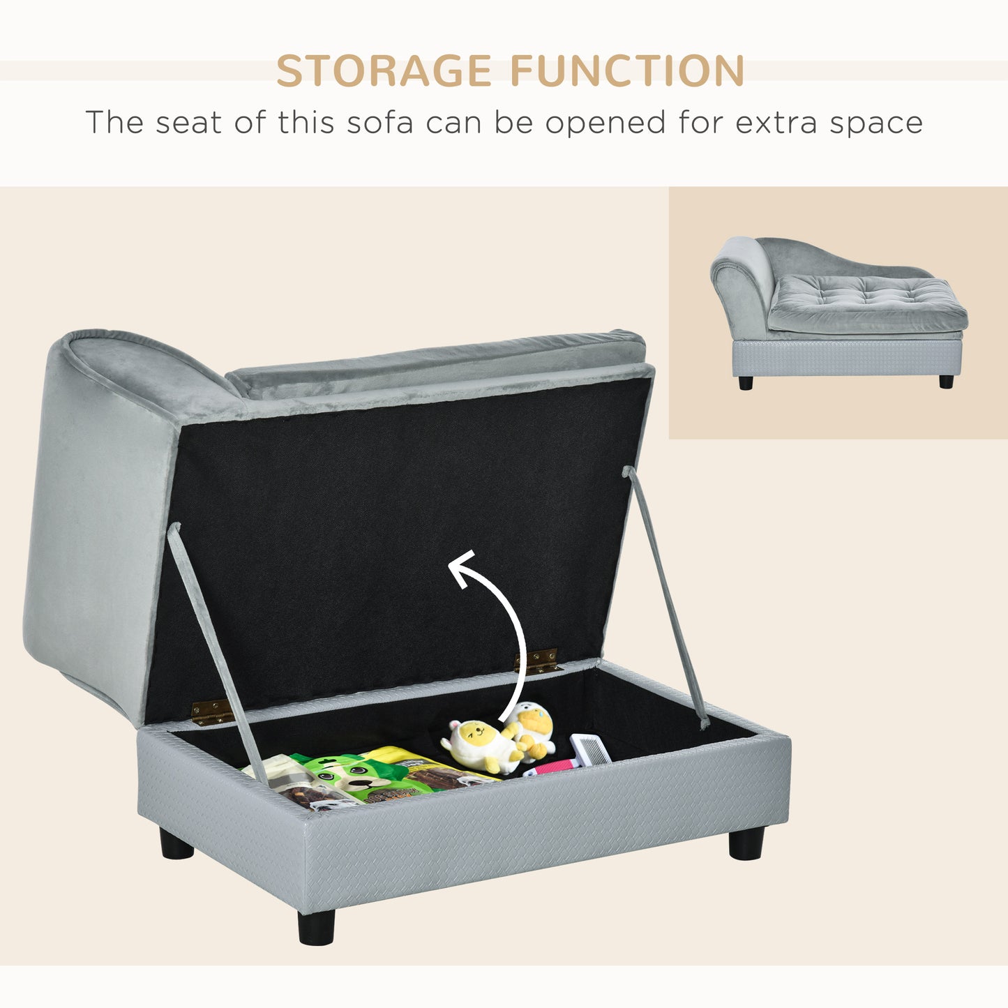Small Gray Dog Bed with Storage - Modern Pet Sofa