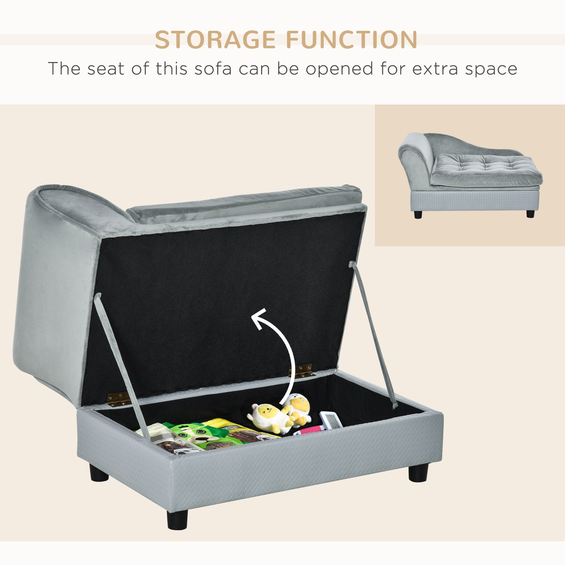 Small Gray Dog Bed with Storage - Modern Pet Sofa