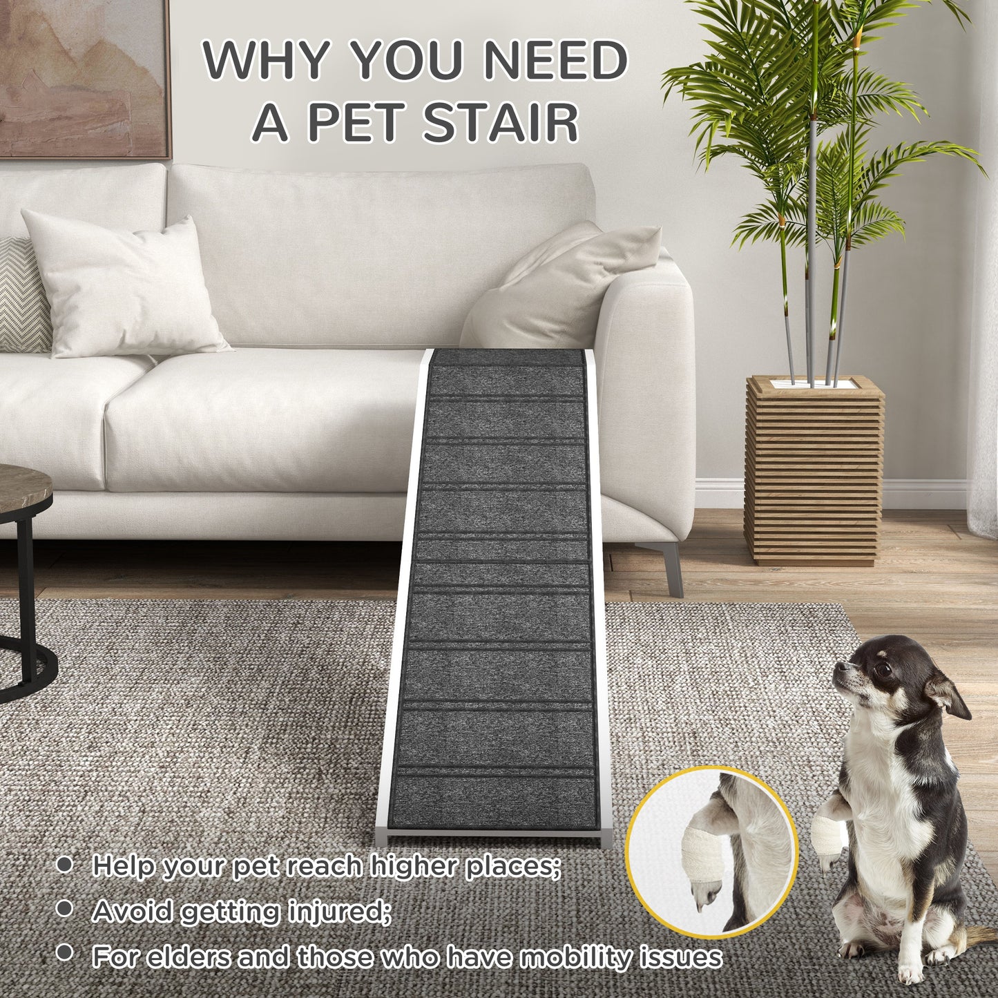 74" White Wooden Dog Ramp for Bed for Pet Areas