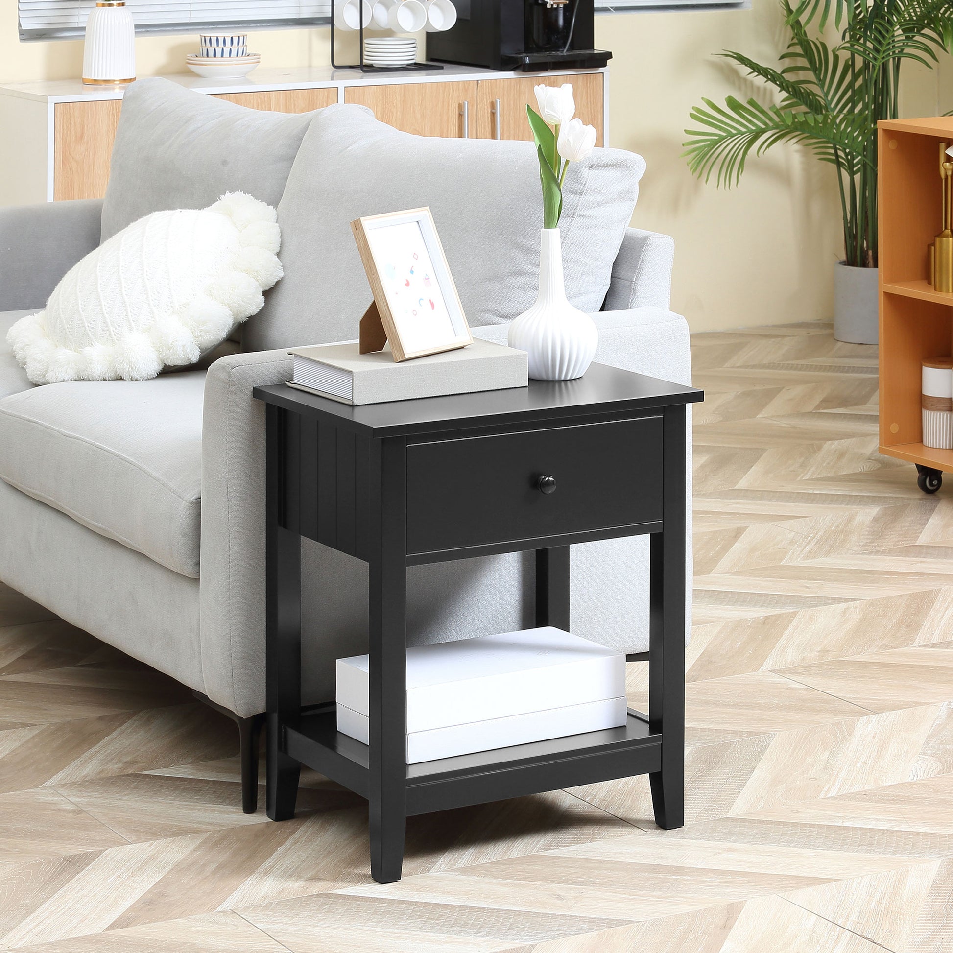 Black MDF End Table with Drawer - Bedroom Side Table
