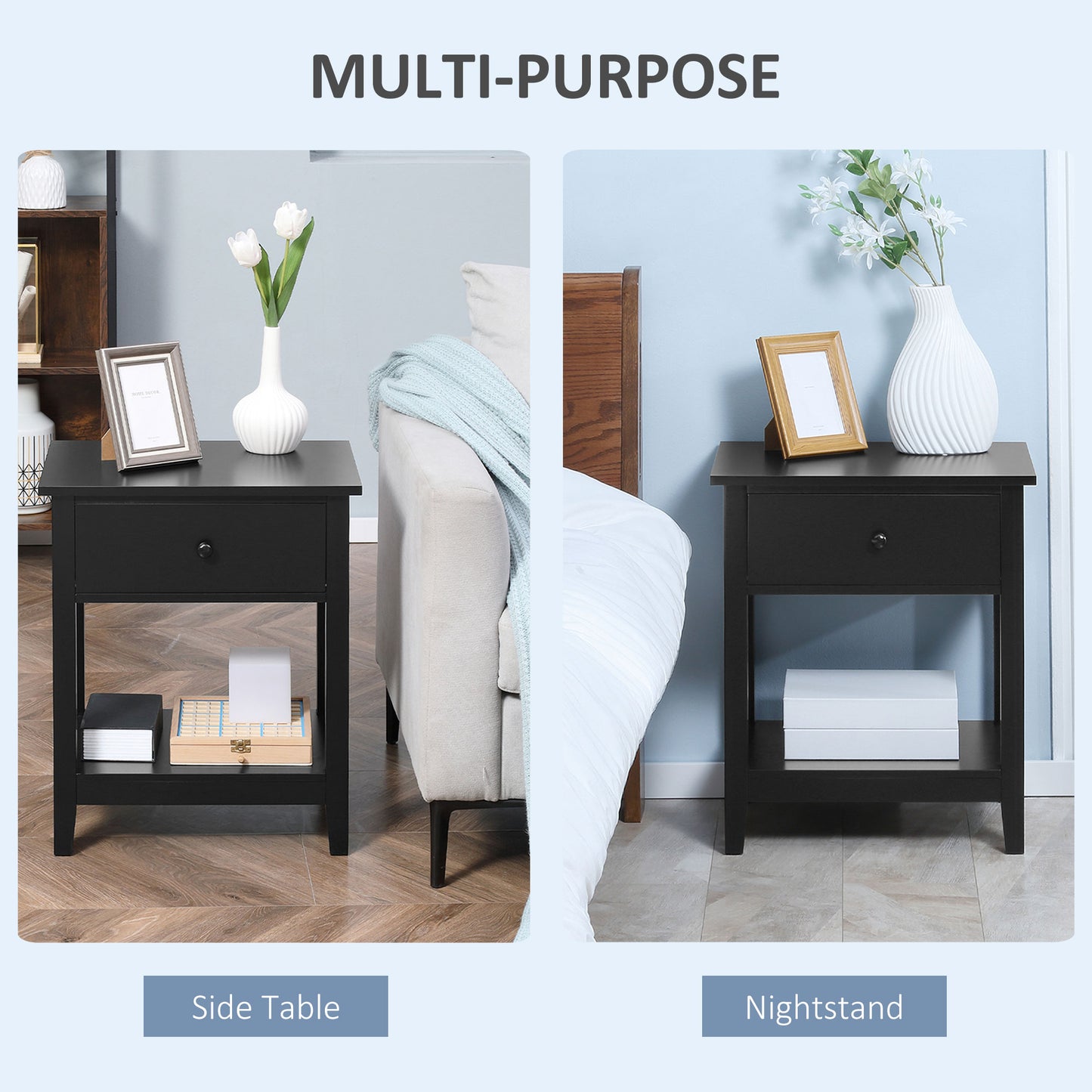 Black MDF End Table with Drawer - Bedroom Side Table