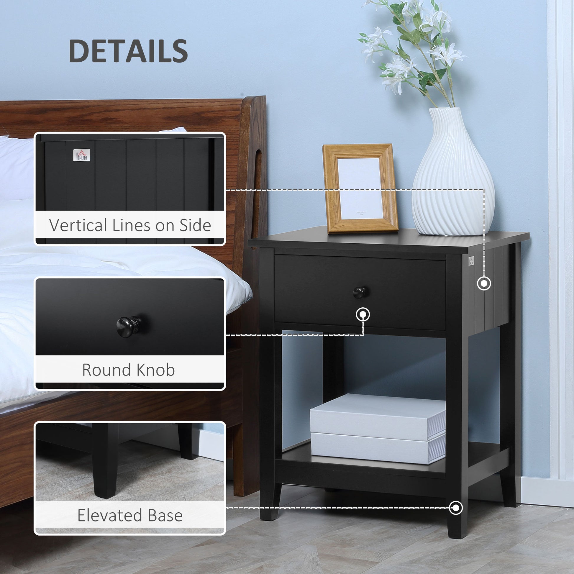 Black MDF End Table with Drawer - Bedroom Side Table