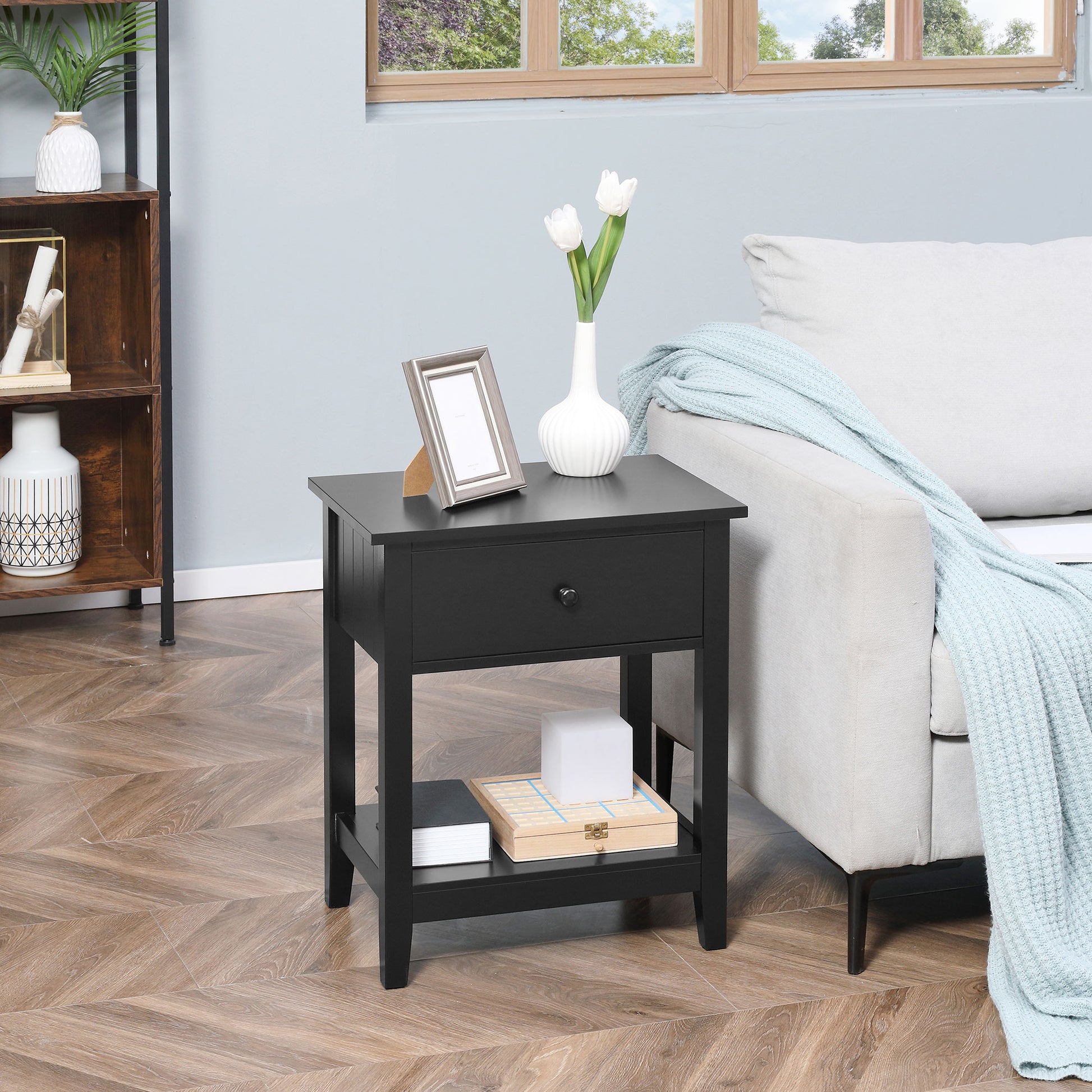 Black MDF End Table with Drawer - Bedroom Side Table