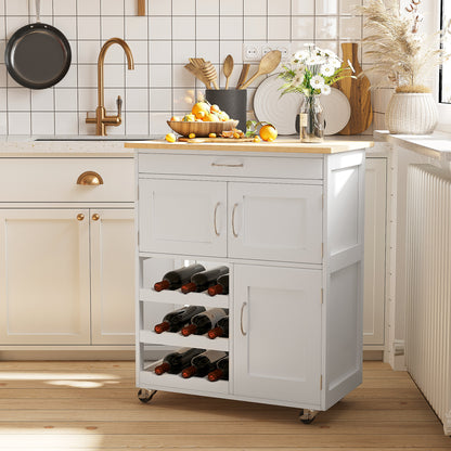 White Rubber Wood Kitchen Island Cart with Wine Racks