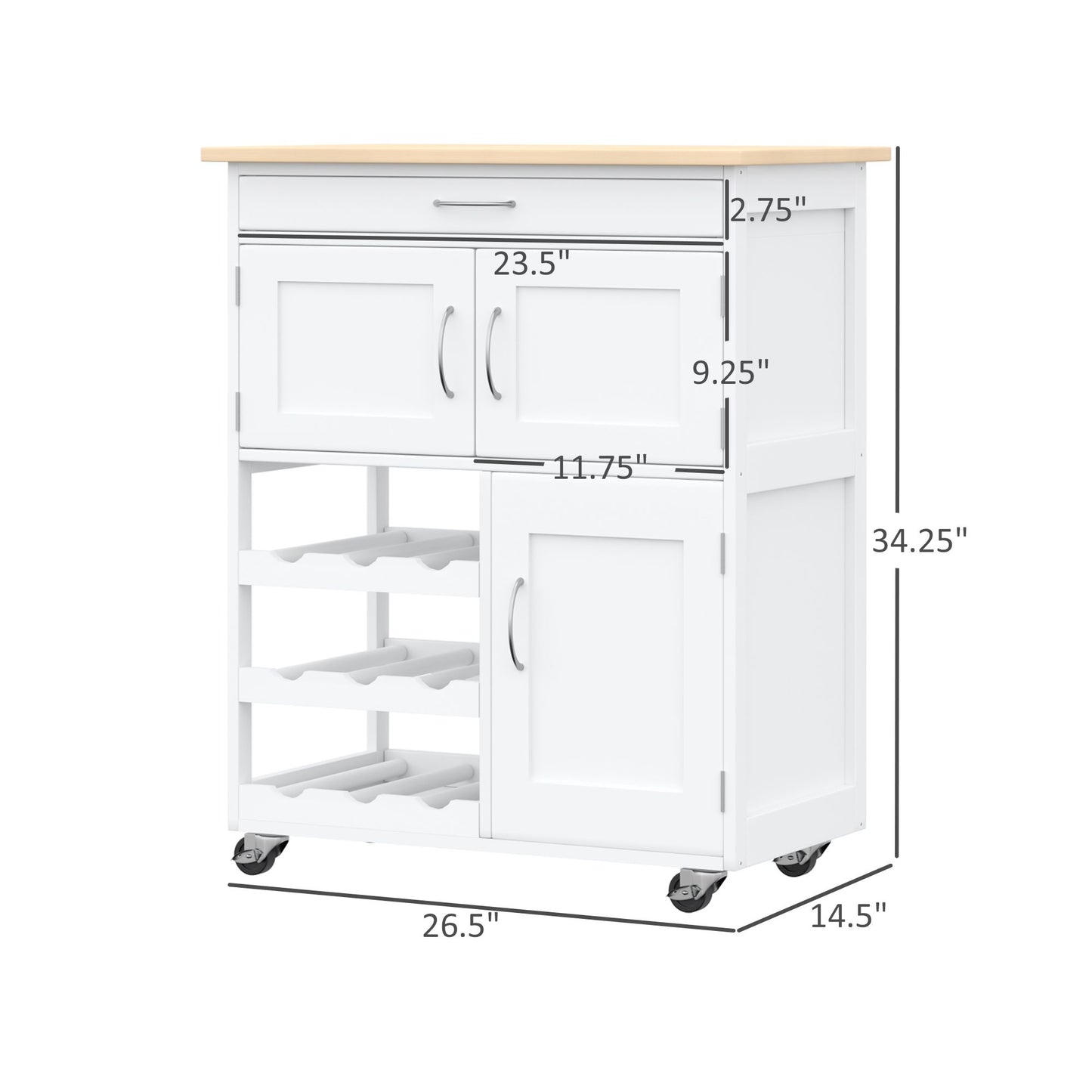 White Rubber Wood Kitchen Island Cart with Wine Racks