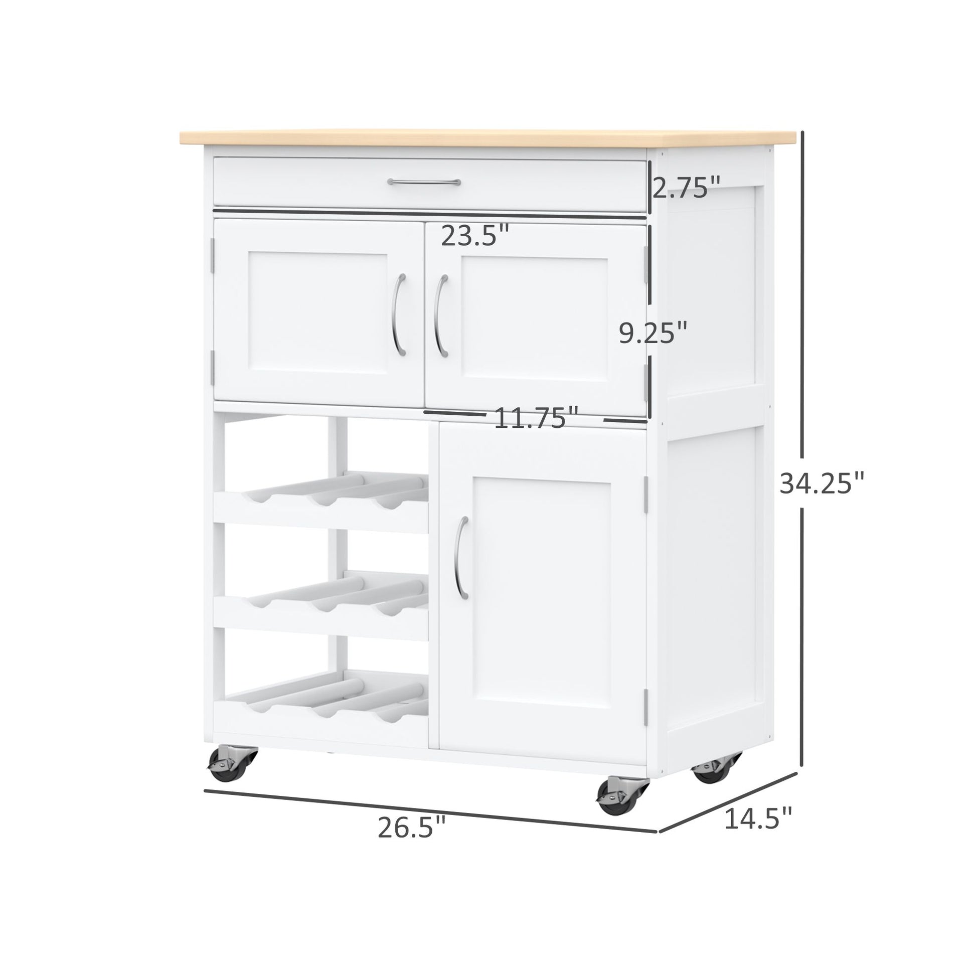 White Rubber Wood Kitchen Island Cart with Wine Racks