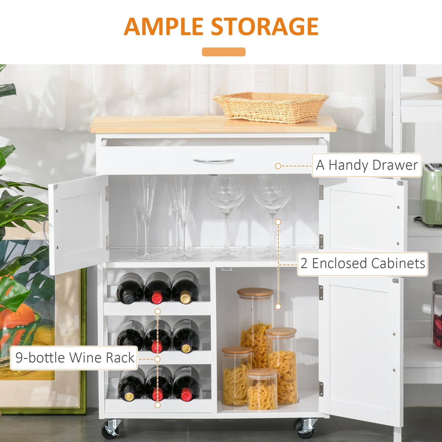 White Rubber Wood Kitchen Island Cart with Wine Racks