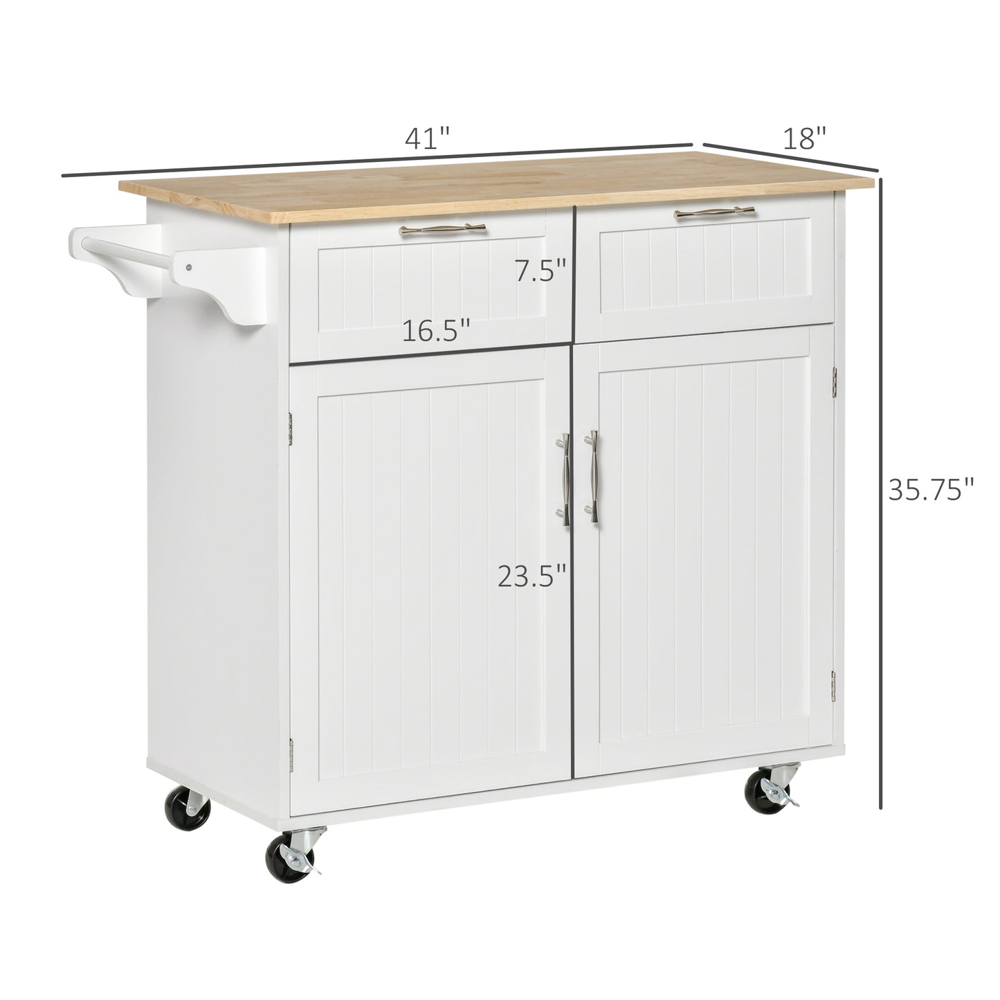 41" White Rubber Wood Kitchen Island Cart - Rolling Storage Trolley