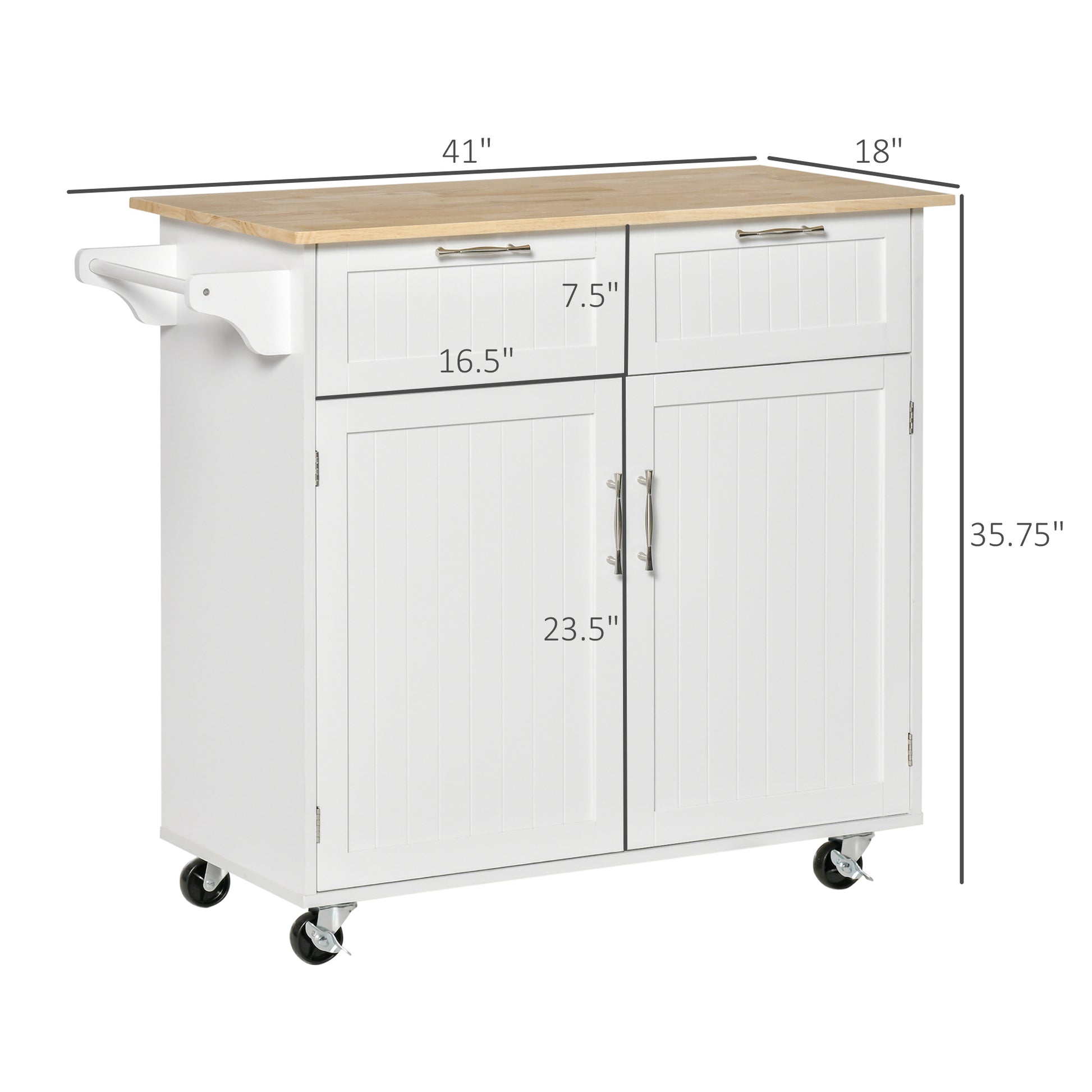 41" White Rubber Wood Kitchen Island Cart - Rolling Storage Trolley