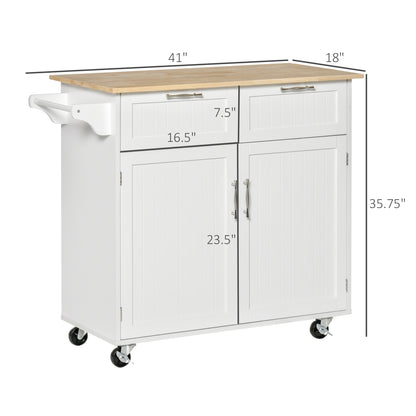 41" White Rubber Wood Kitchen Island Cart - Rolling Storage Trolley