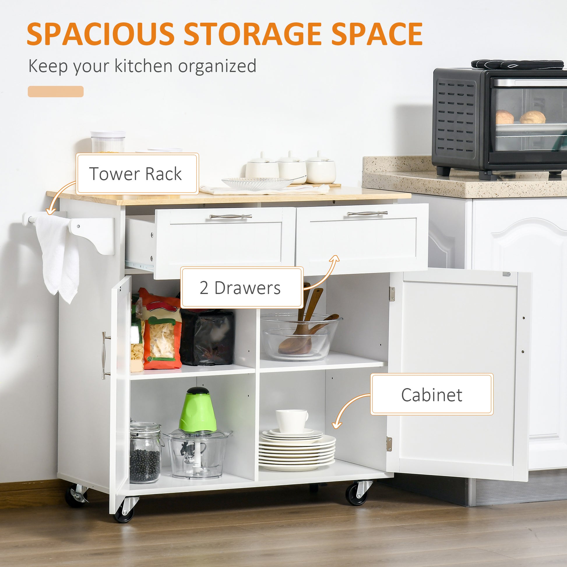 41" White Rubber Wood Kitchen Island Cart - Rolling Storage Trolley