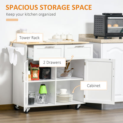 41" White Rubber Wood Kitchen Island Cart - Rolling Storage Trolley