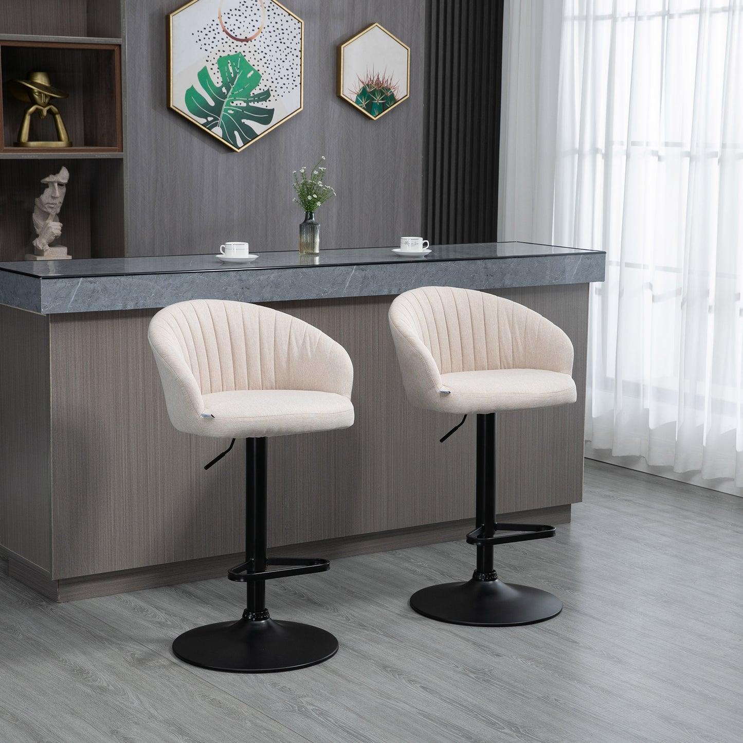 HOMCOM Beige Swivel Bar Stools Set of 2 - Adjustable Height Dining Chairs