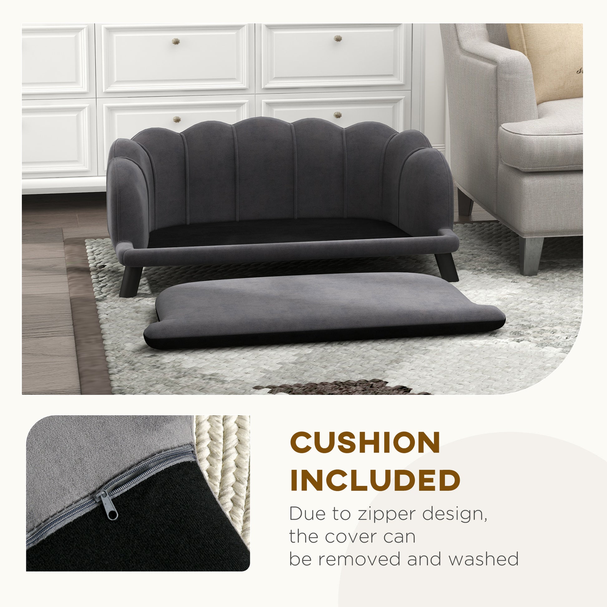 Grey Velvet Large Dog Couch - Stylish & Comfortable Pet Bed