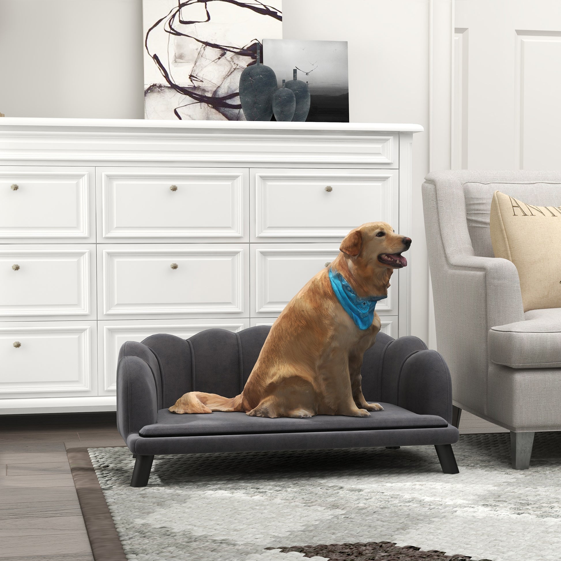 Grey Velvet Large Dog Couch - Stylish & Comfortable Pet Bed
