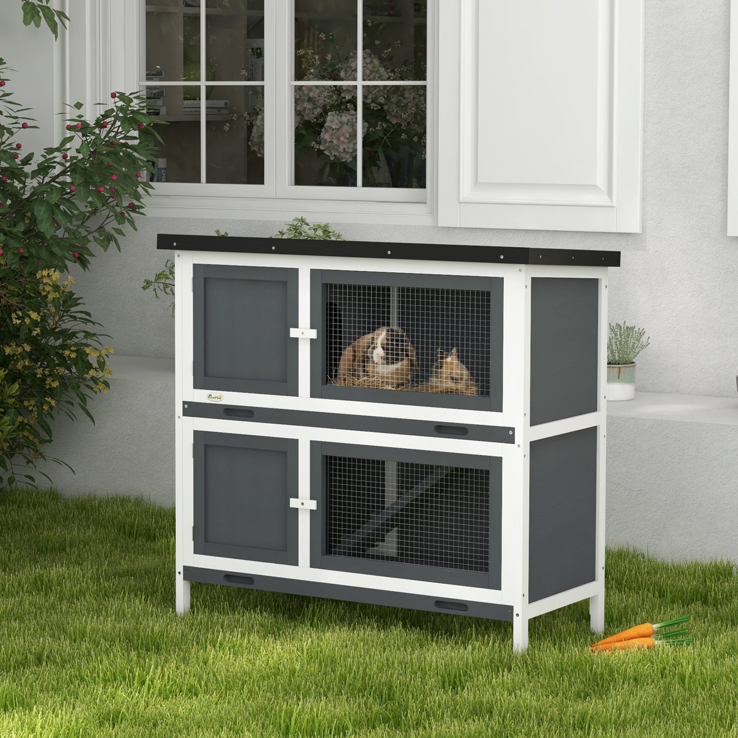 Grey Wood Rabbit Hutch - Small Animal Habitat