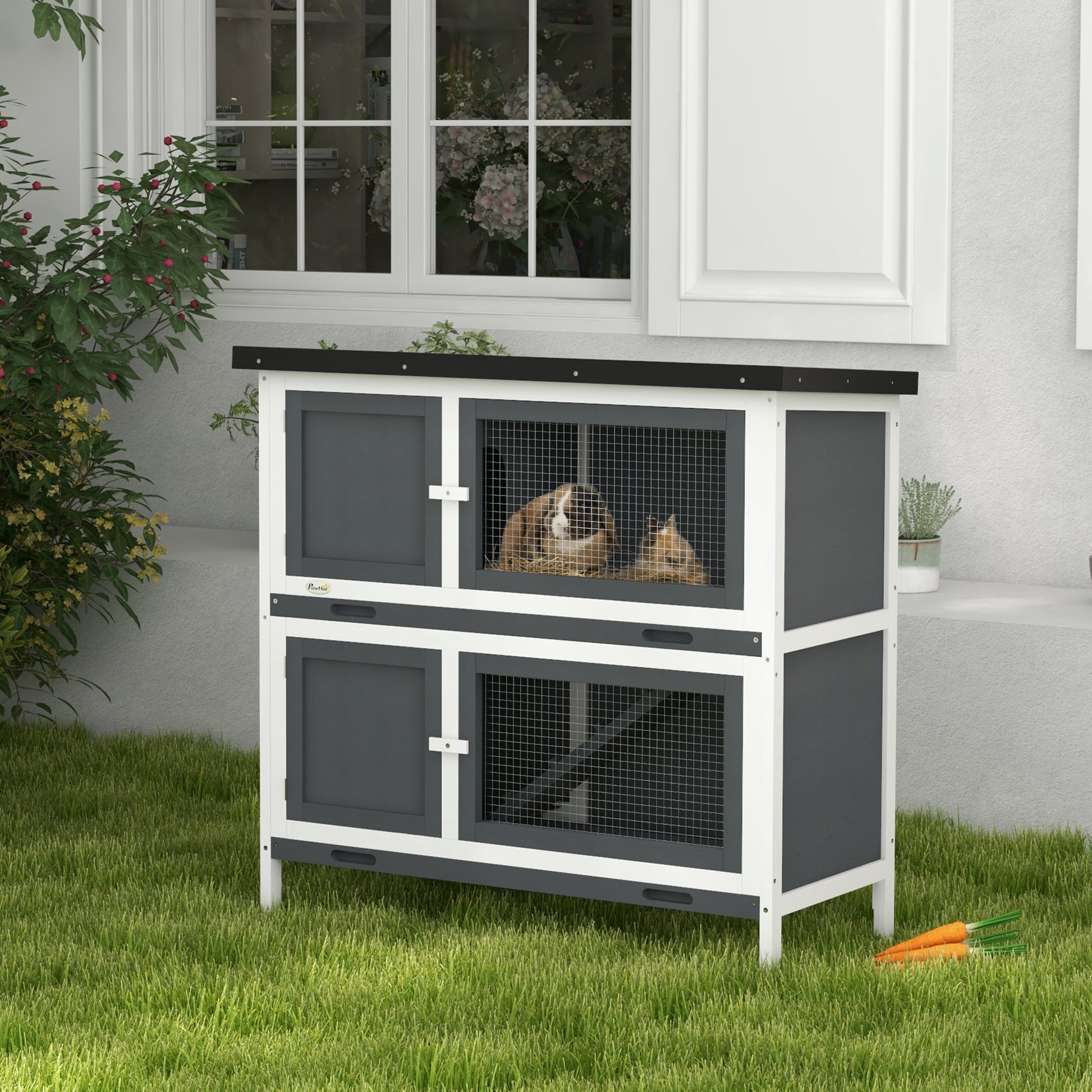 Grey Wood Rabbit Hutch - Small Animal Habitat