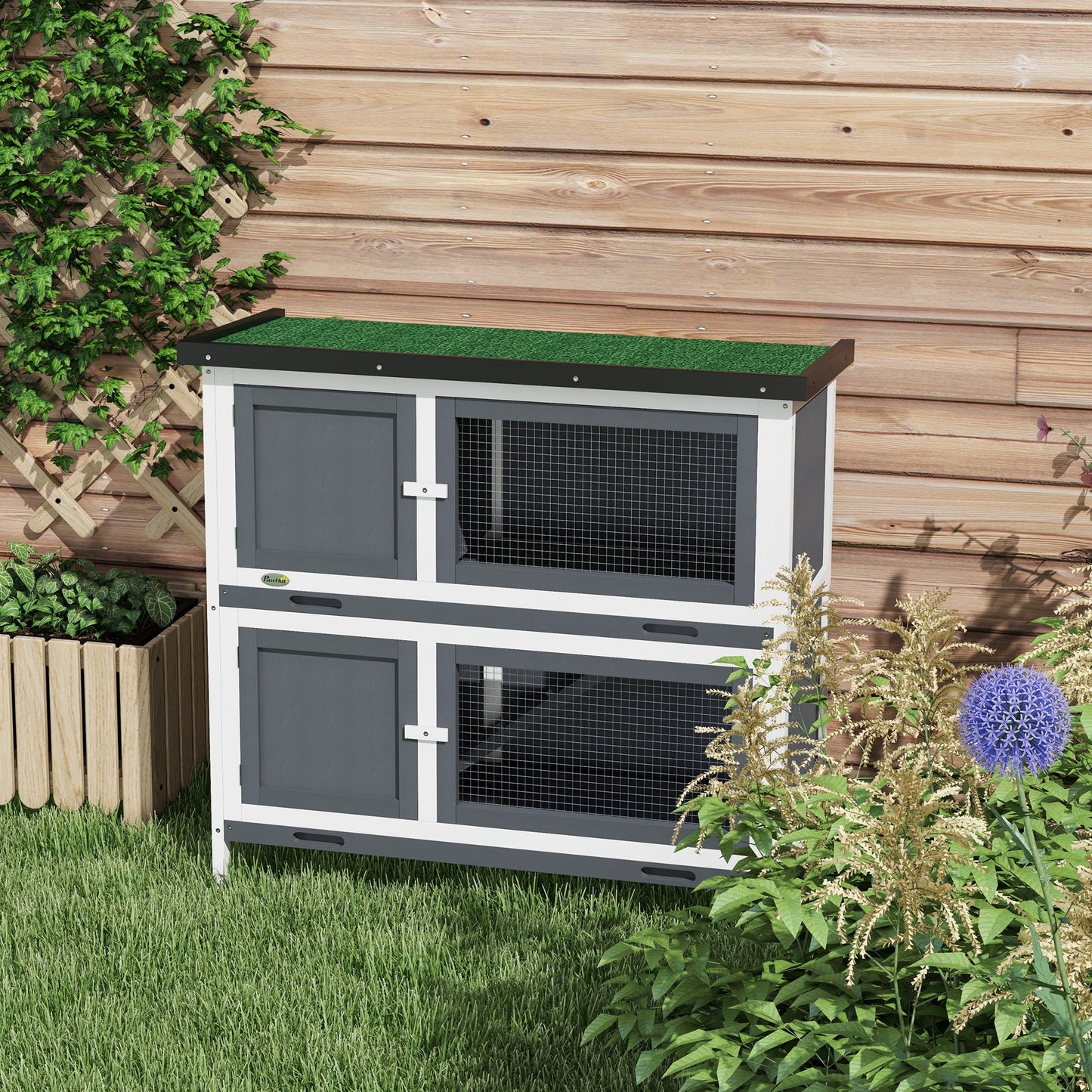 Grey Wood Rabbit Hutch - Small Animal Habitat