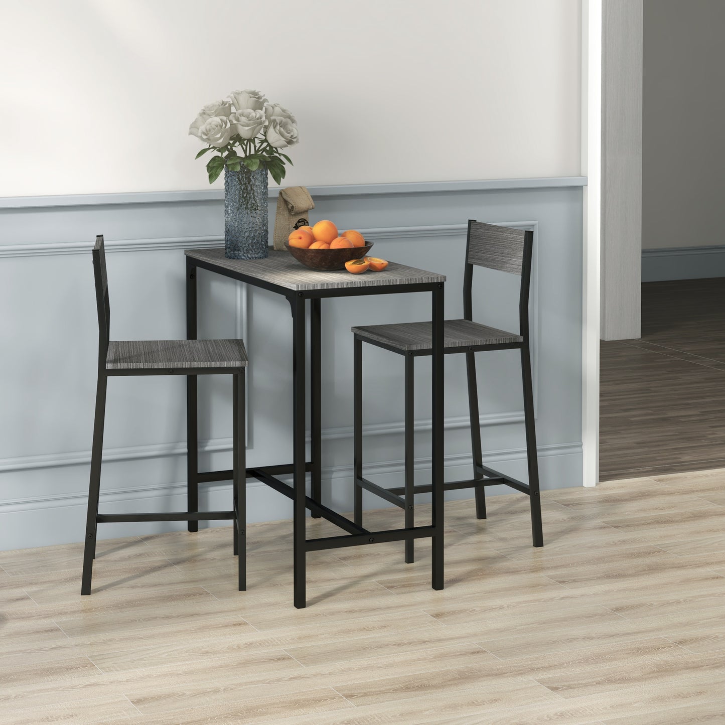 Grey Bar Table Set - 3 Piece Kitchen Bar Table with Stools for Dining Room