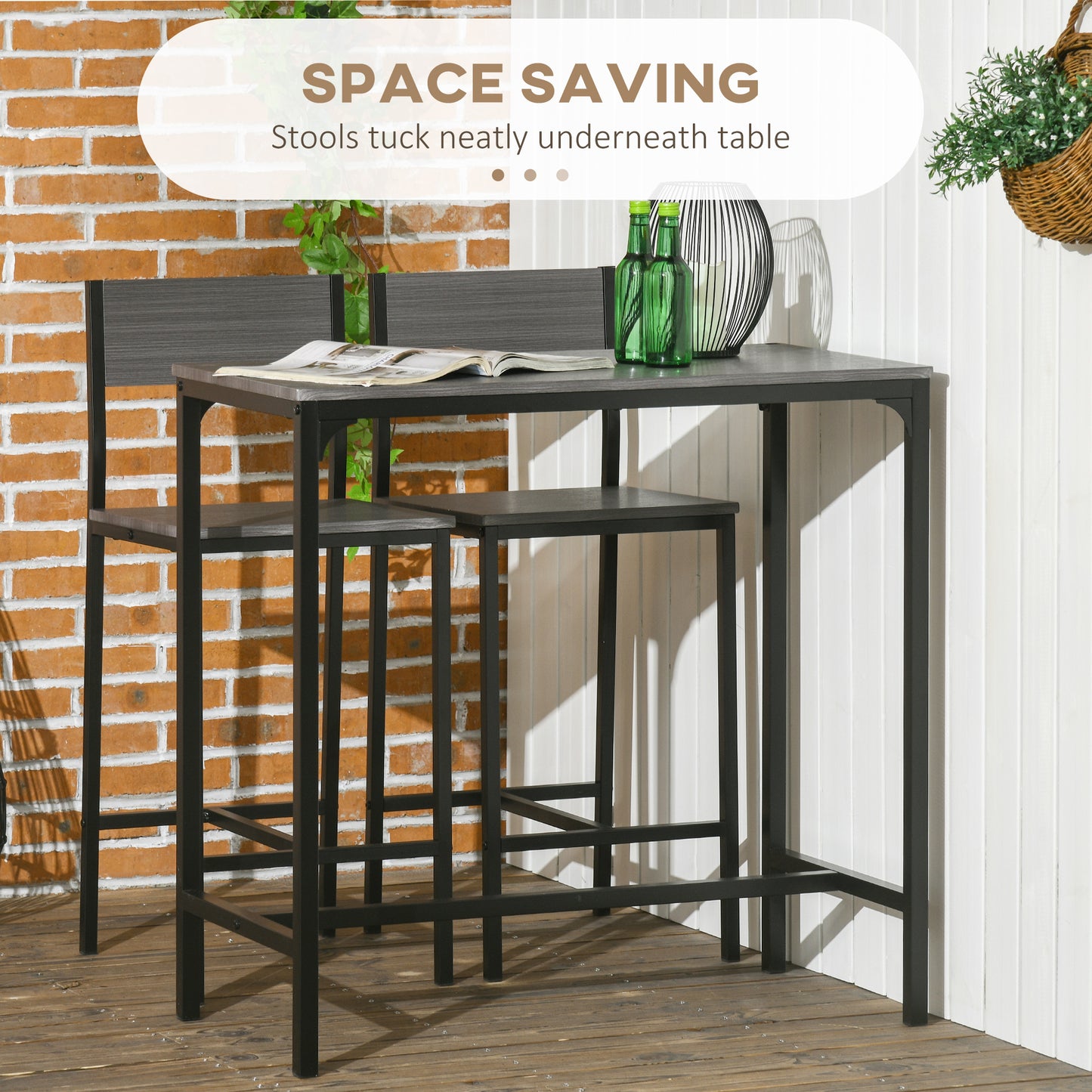 Grey Bar Table Set - 3 Piece Kitchen Bar Table with Stools for Dining Room
