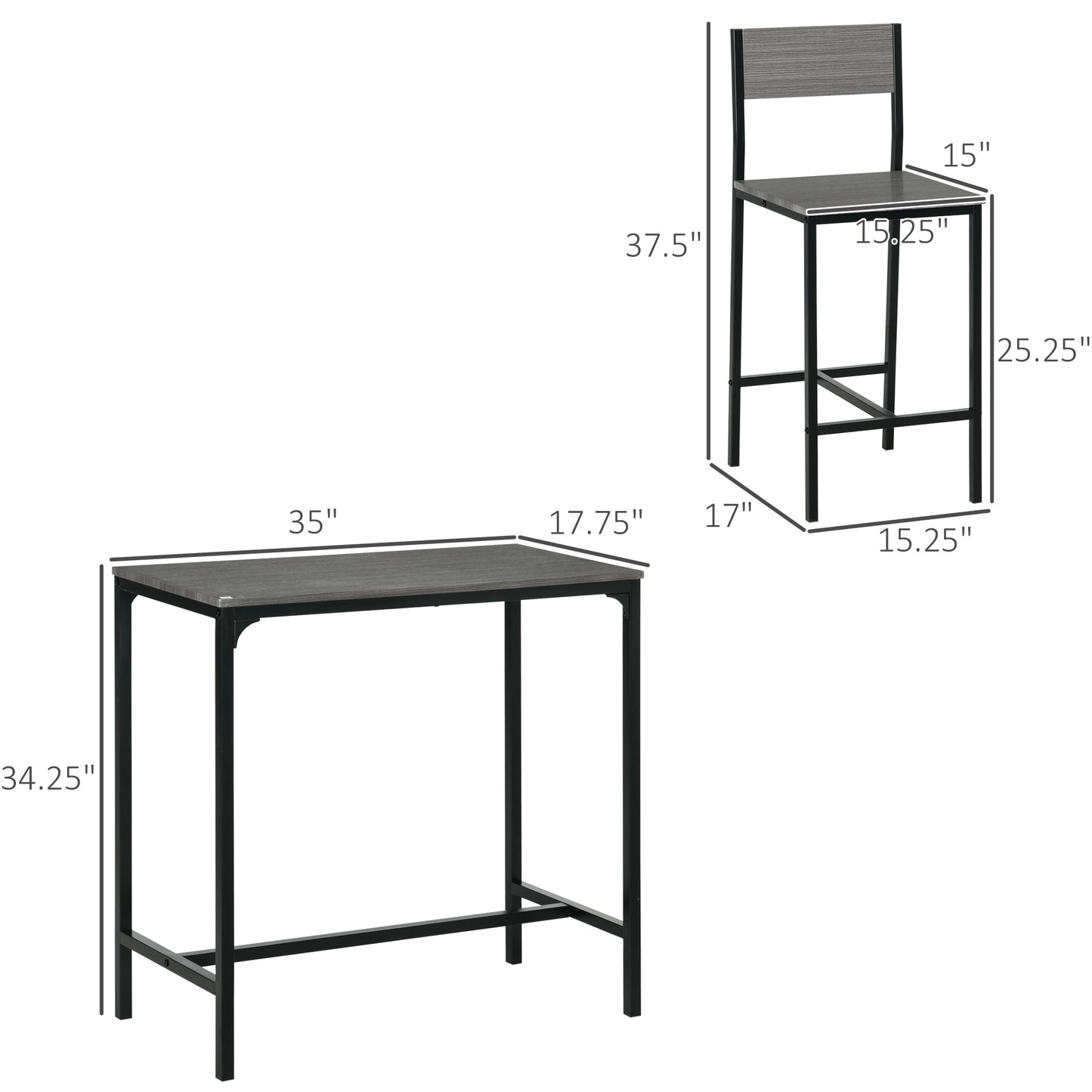Grey Bar Table Set - 3 Piece Kitchen Bar Table with Stools for Dining Room