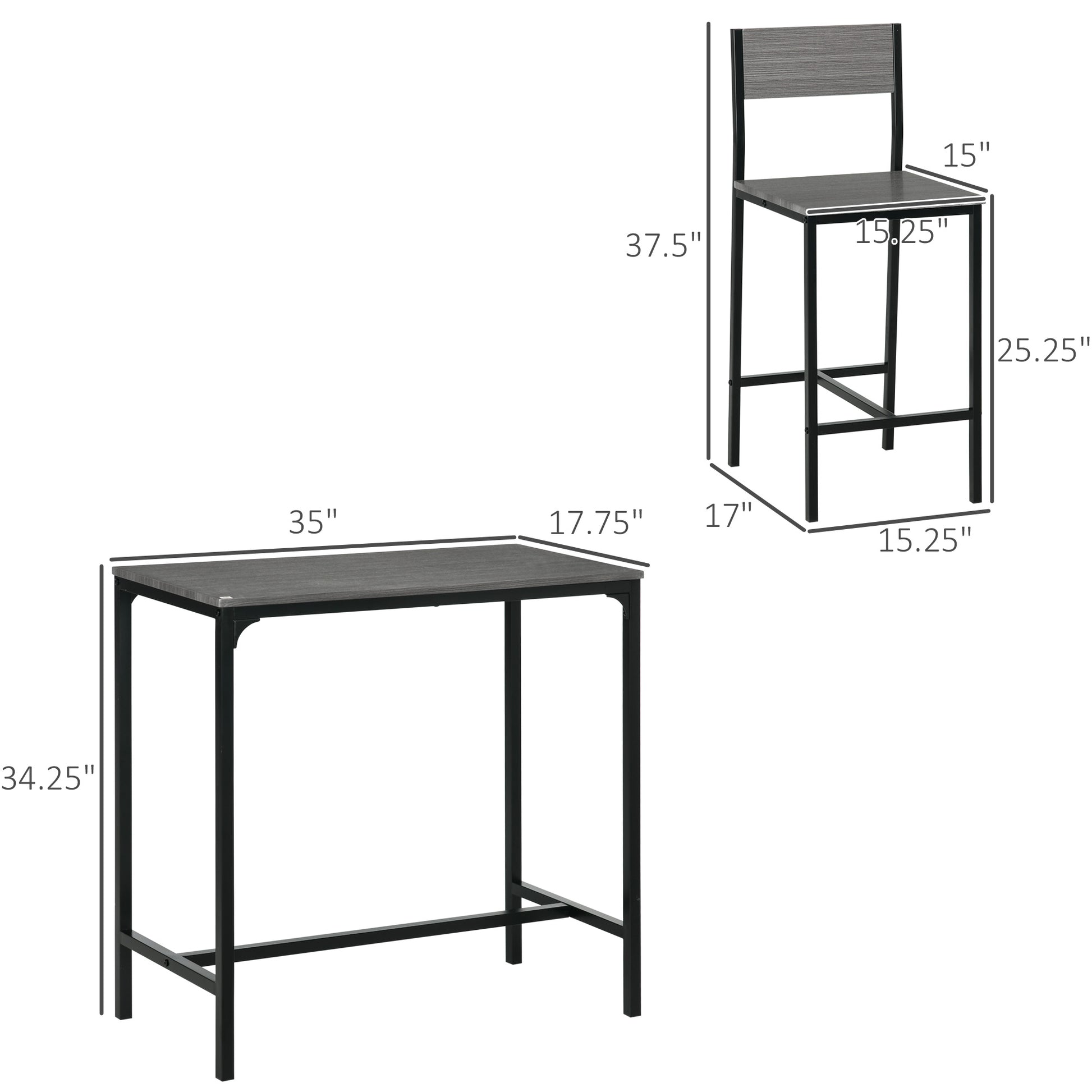 Grey Bar Table Set - 3 Piece Kitchen Bar Table with Stools for Dining Room
