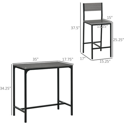 Grey Bar Table Set - 3 Piece Kitchen Bar Table with Stools for Dining Room