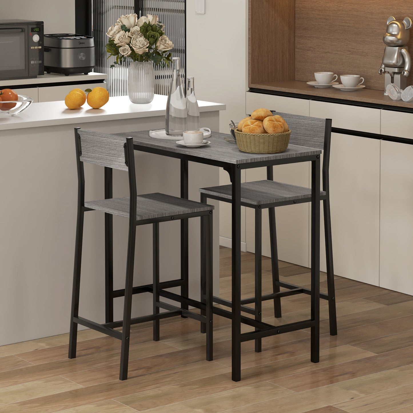 Grey Bar Table Set - 3 Piece Kitchen Bar Table with Stools for Dining Room