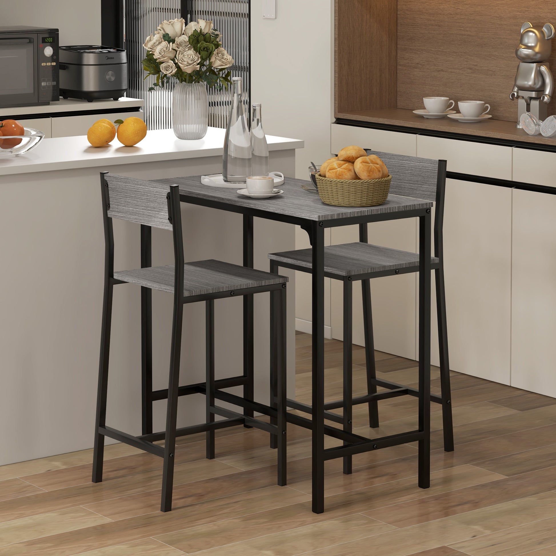 Grey Bar Table Set - 3 Piece Kitchen Bar Table with Stools for Dining Room