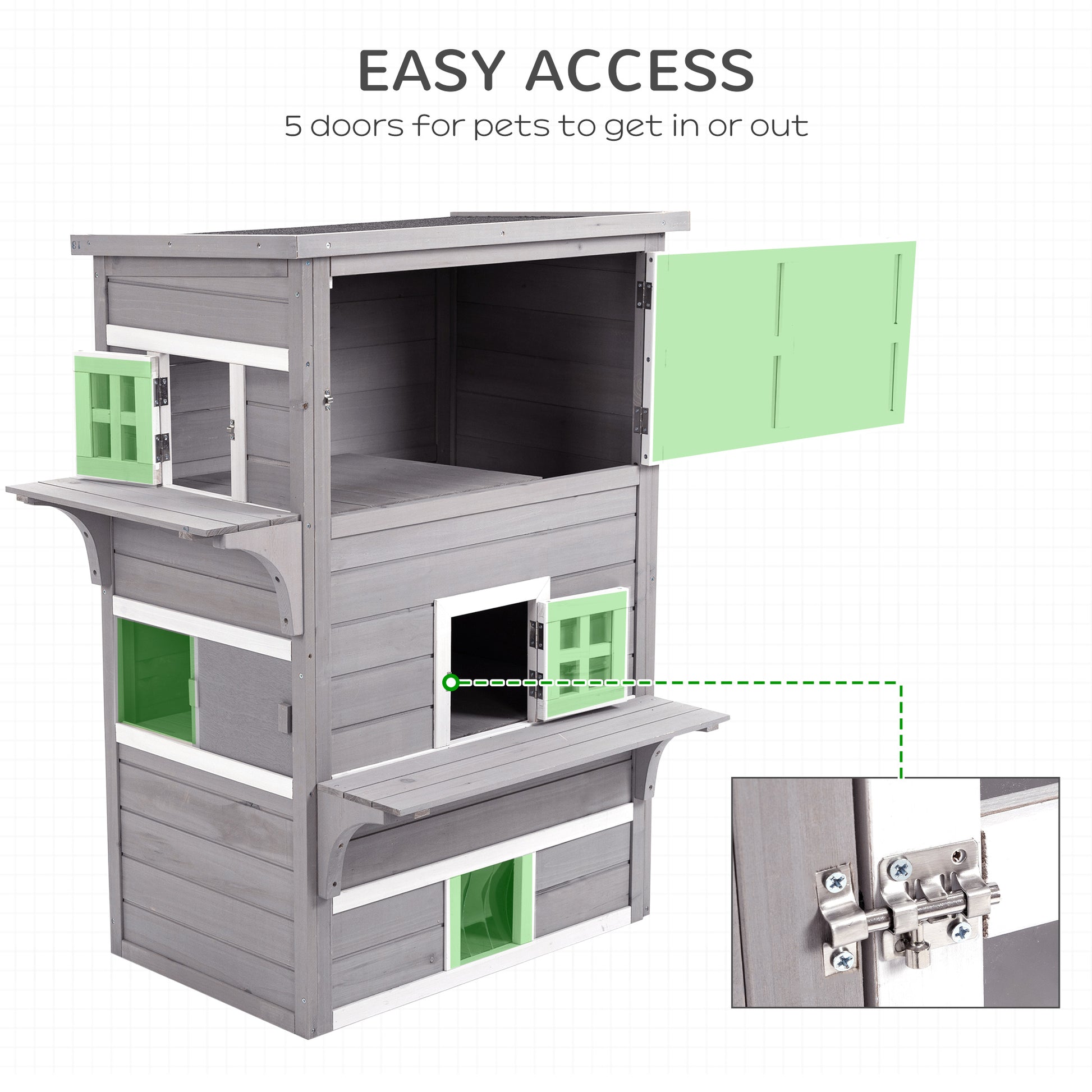 PawHut 3-Story Cat House - Outdoor Kitten Condo with Escape Doors