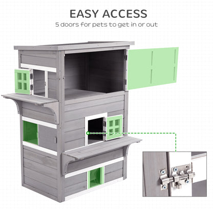 PawHut 3-Story Cat House - Outdoor Kitten Condo with Escape Doors