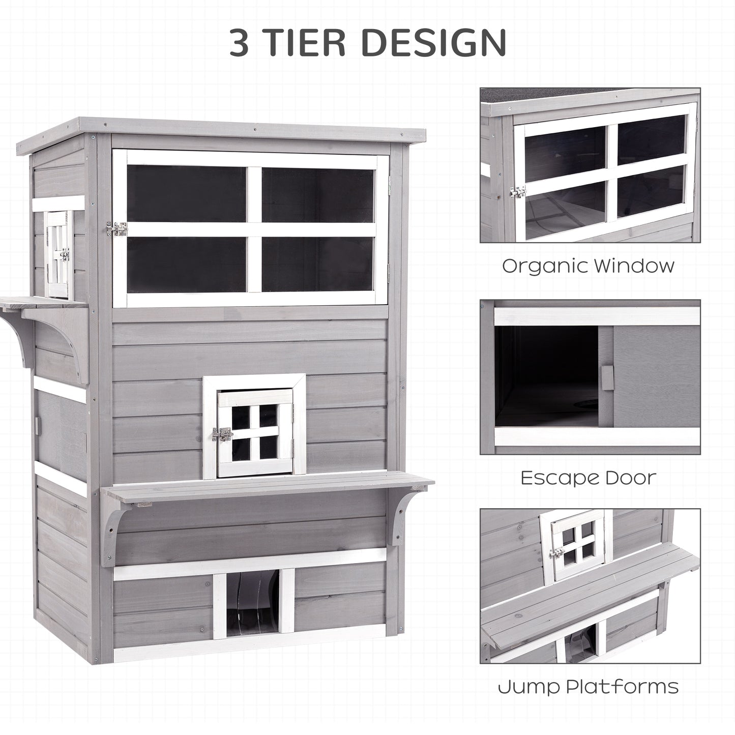 PawHut 3-Story Cat House - Outdoor Kitten Condo with Escape Doors