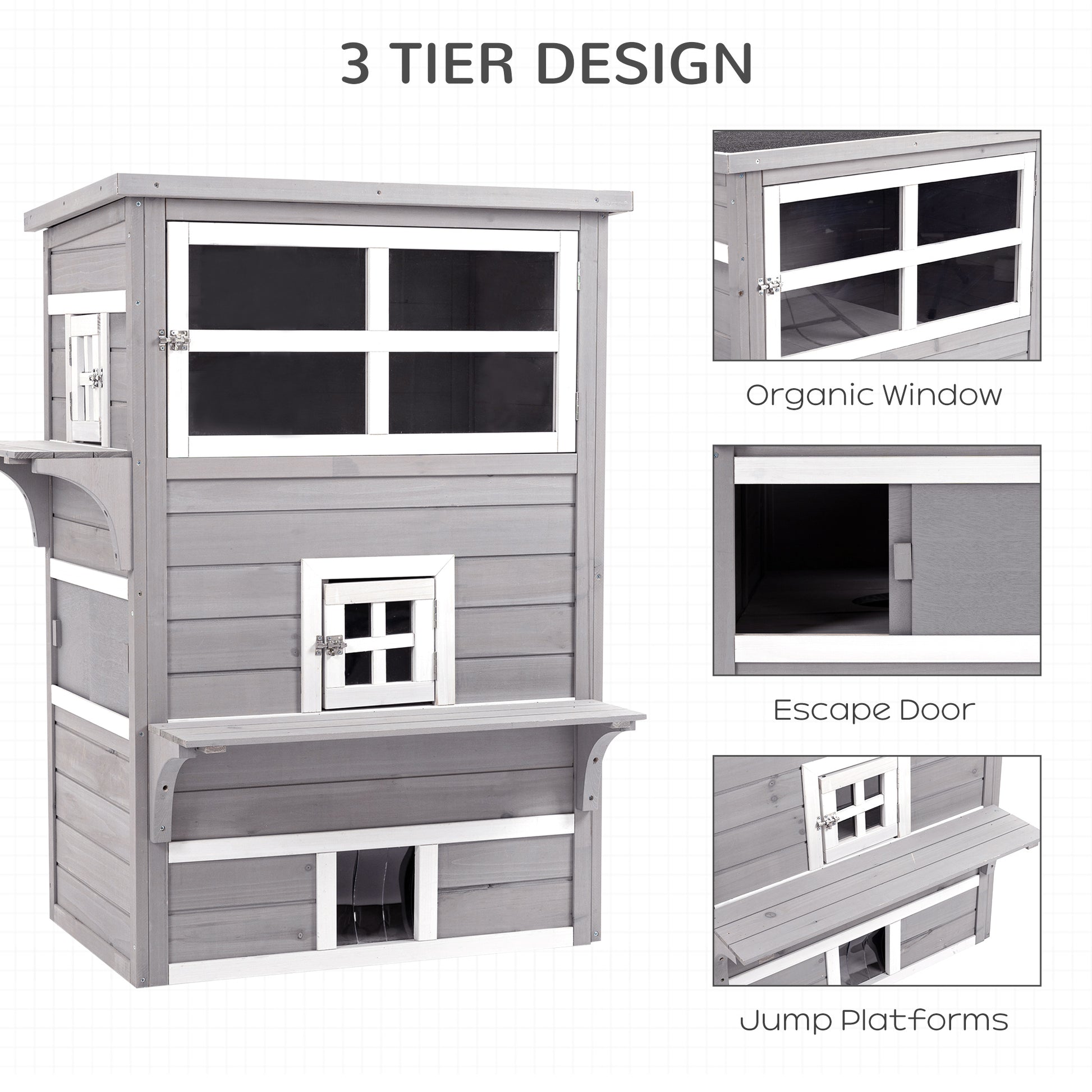 PawHut 3-Story Cat House - Outdoor Kitten Condo with Escape Doors