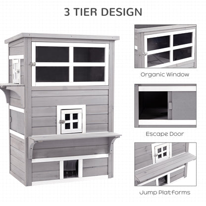 PawHut 3-Story Cat House - Outdoor Kitten Condo with Escape Doors